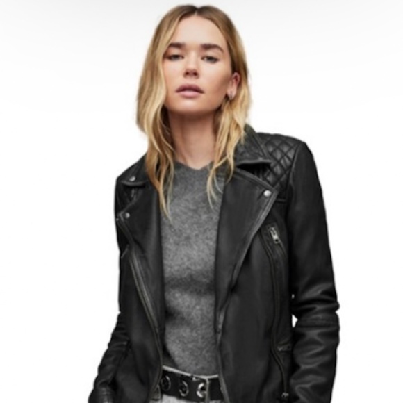 bestselling all saints cargo distressed moto leather jacket - black, size S (US4 - Picture 1 of 9